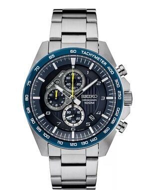 Seiko Blue and Silver Stainless Steel Chronograph Watch Mens